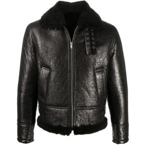 OXVOLT Mens Black Long-sleeve Shearling-trim Jacket