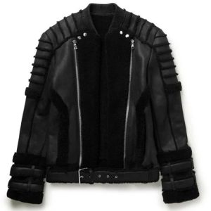 OXVOLT Mens Black Slim-fit Shearling Biker Jacket