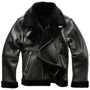 OXVOLT Mens Black Vintage Sheepskin Shearling Bomber Jacket