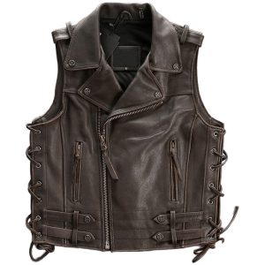 Mens Brown Vintage Genuine Leather Motorcycle Rider Vest