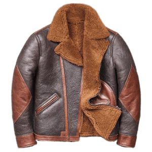 Mens Dark Brown Vintage Shearling Sheepskin Leather Motorcycle Jacket