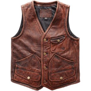 Mens Genuine Leather Motorcycle Vest Sleeveless Jacket
