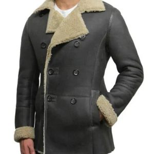 OXVOLT Mens Grey Unique Shearling Sheepskin Leather Fur Coat