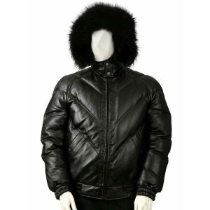 Men's Puffer Fox Fur Hooded V Bomber Real Leather Jacket