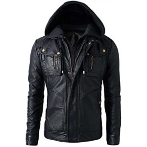 Mens Slim Fit Hooded Biker Leather Jacket