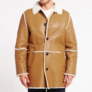 OXVOLT Mens Tan Brown Shearling Sheepskin Car Long Coat