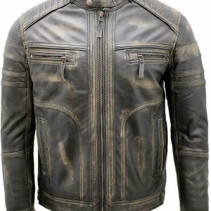 Men's Vintage Black Distressed Leather Jacket Faded Biker Jacket