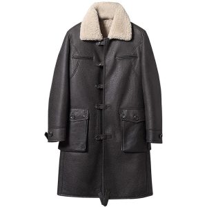 OXVOLT Mens Vintage Sheepskin Leather Trench Coat