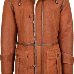 OXVOLT Mens Whiskey Sheepskin Duffle Coat with Hood