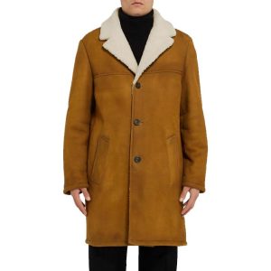 OXVOLT Mens Yellow Leather White Faux Shearling Sheepskin Coat
