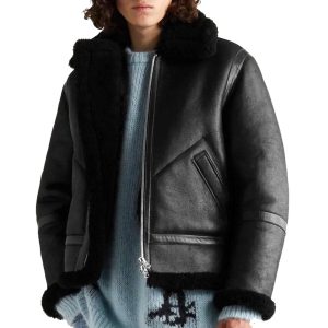 OXVOLT Mens B3 Black Sheepskin Shearling Bomber Jacket