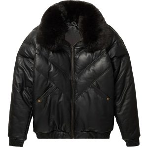 Leather V-Bomber Jacket Black with Black Fox Fur