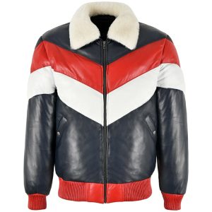Mens Puffer Two Tone Real Leather V-Bomber Jacket