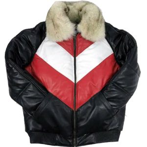 Mens Real Lambskin Leather V-Bomber Jacket With Removable Fox Fur Collar