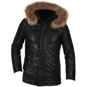 Mens Real Leather Winter Warm Puffer Jacket Fox Fur Hood