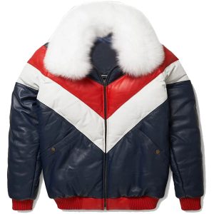 Mens Red and White V-Bomber Leather Jacket
