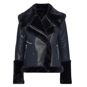 Navy Blue Lambskin Leather And Faux Fur Coat Womens