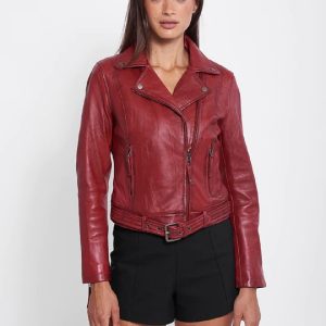New Women's Red Genuine Leather Biker Jacket