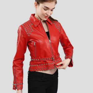 ISABEL RED STUDDED LEATHER JACKET
