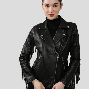 KIANA BLACK BIKER FRINGES LEATHER JACKET
