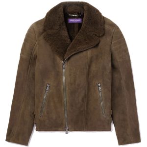 OXVOLT Mens Shearling Collar Brown Suede Leather Jacket