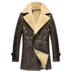 OXVOLT Mens Double Breasted Sheepskin Shearling Sheepskin Coat