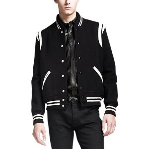 Black Letterman Jacket With White Detailing