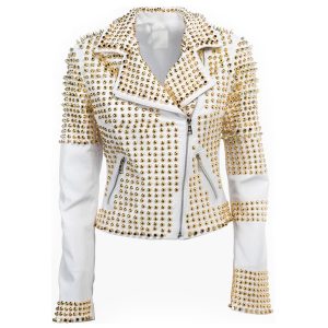 Women Fashion White Studded Leather Jacket