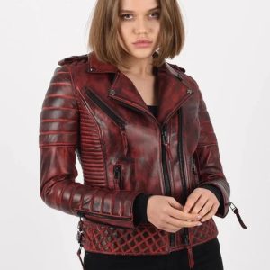 Women's Burnt Red Lambskin Leather Biker Jacket