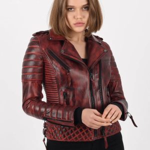 Women's Burnt Red Lambskin Leather Biker Jacket