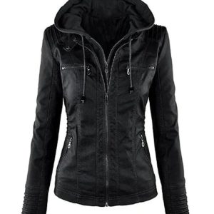 Women's Stylish Hooded Black Leather Biker Jacket