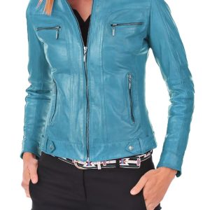 Women's Turquoise Blue Genuine Lambskin Leather Biker Jacket
