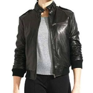 Womens Black Genuine Lambskin Leather Bomber Jacket
