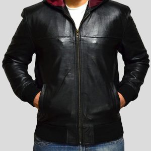 SHANE BLACK BOMBER LEATHER JACKET HOODED