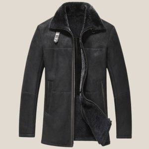 OXVOLT Black Shearling Sheepskin Leather Car Coat