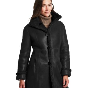 Black Leather Long Shearling Coat Womens