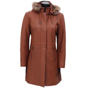 Hooded Womens Leather Long Brown Shearling Coat