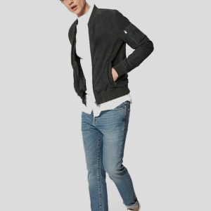 LUCY DARK GREEN SUEDE BOMBER LEATHER JACKET