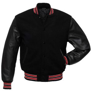 Black Wool Varsity Jacket with leather Sleeves