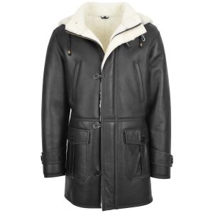 OXVOLT Mens Black White Shearling Sheepskin Duffle Hooded Coat