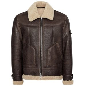 Mens Brown Aviator Leather Jacket with Shearling Collar