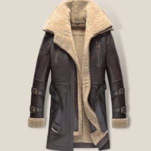 OXVOLT Mens Brown Vintage Shearling Sheepskin Leather Long Coat
