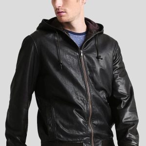 OXVOLT CHET BLACK HOODED GENUINE LEATHER JACKET