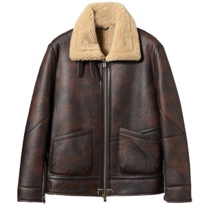 OXVOLT Mens Distressed Sheepskin Shearling B-3 Bomber Jacket
