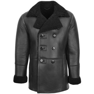 OXVOLT Mens Black Double Breasted Shearling Sheepskin Coat