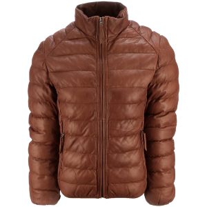 Mens Leather Brown Puffer Jacket