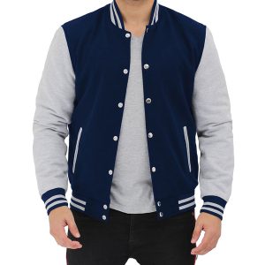 OXVOLT Mens Navy Blue and Grey Varsity Jacket