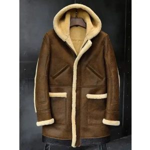 Mens Sheepskin Fur Long Leather Coat with Hood