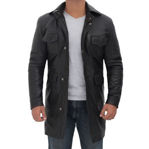 OXVOLT Mens Black Leather Car Coat