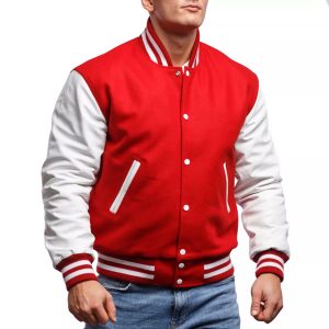 Scarlet Wool Body & Bright White Leather Sleeves Letterman Jacket